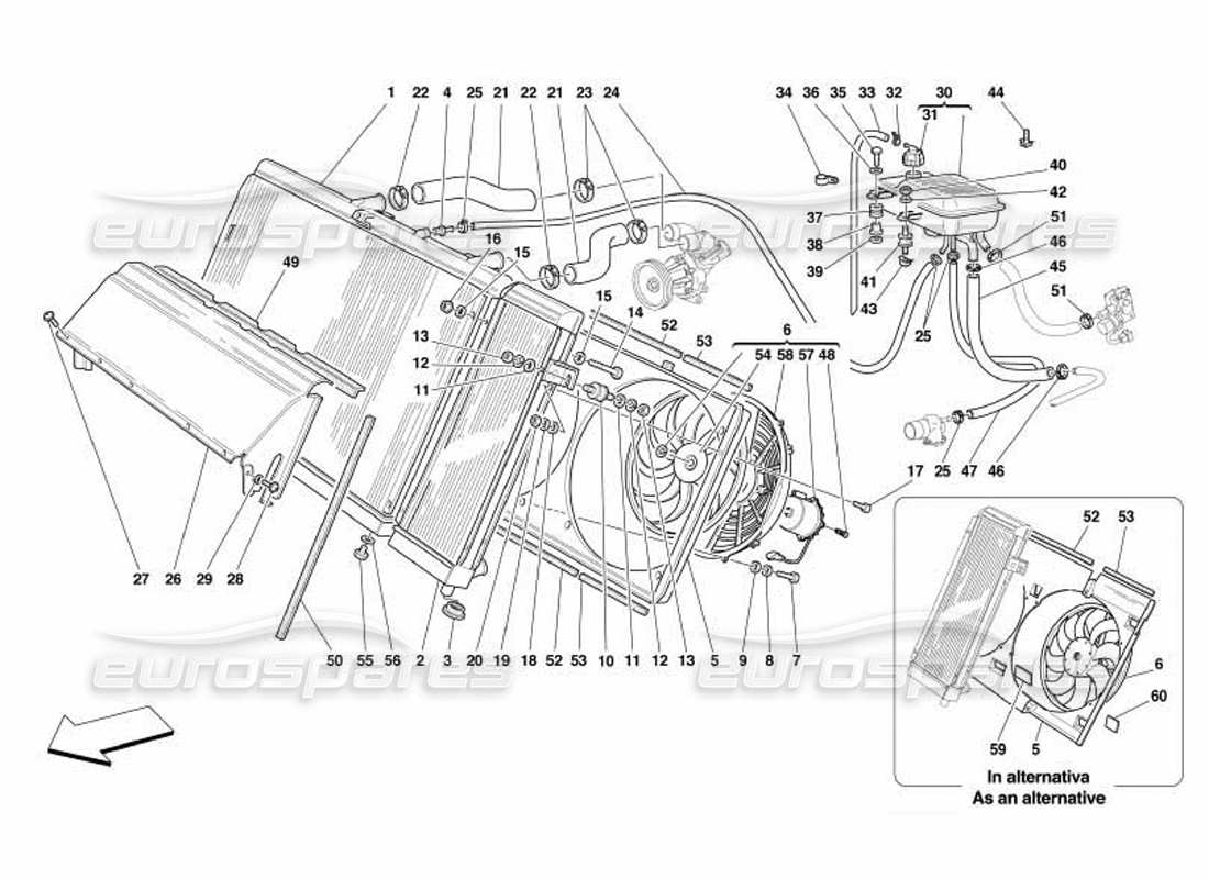 ferrari 550 barchetta système de refroidissement - schéma des pièces du radiateur et du nourice