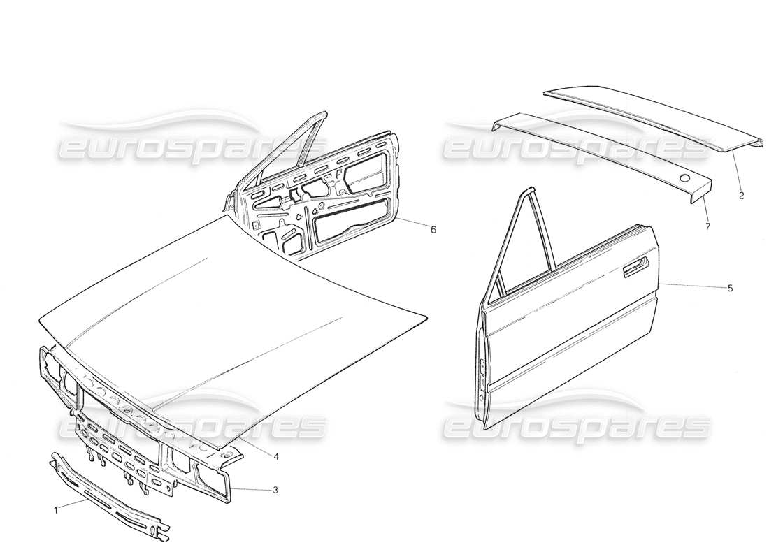 maserati biturbo spider coque de carrosserie : panneau avant, capot, panneau de toit, portes et schéma des pièces du capot