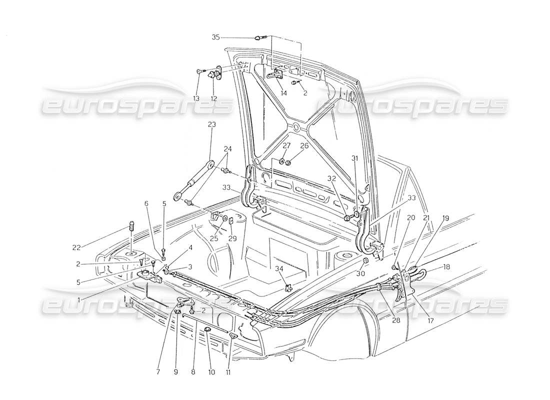 maserati biturbo spider capot : charnières et déverrouillage du capot schéma des pièces