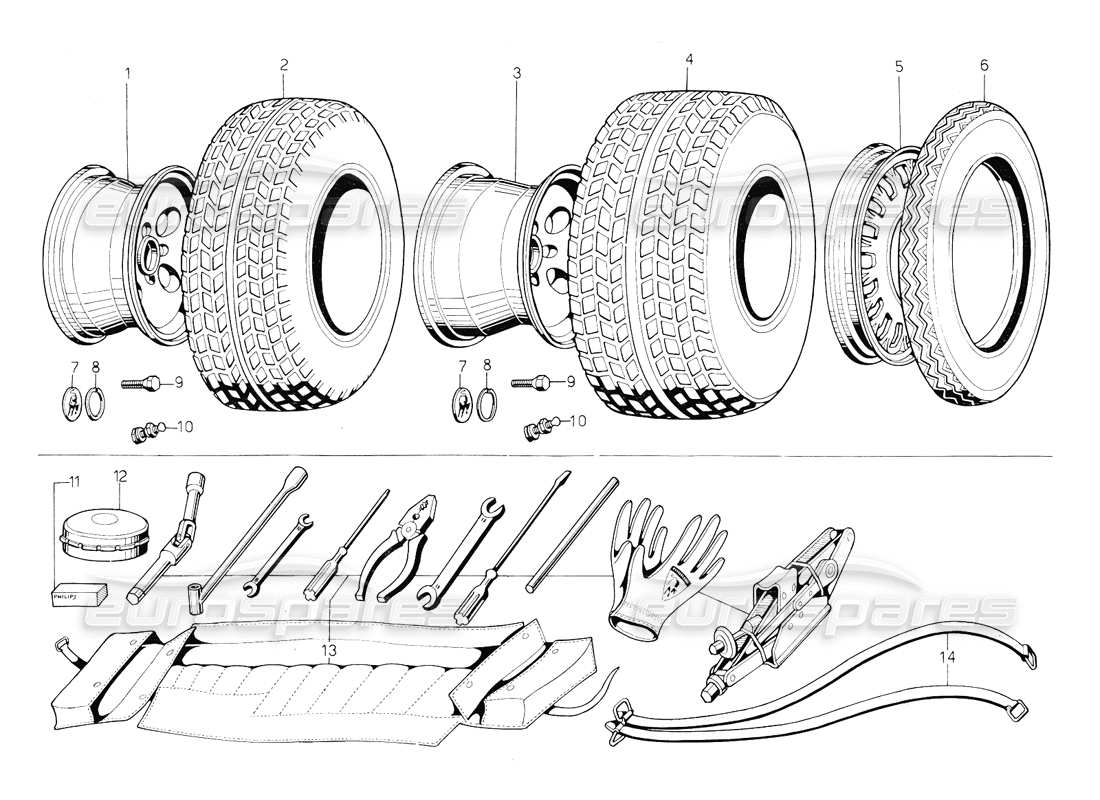 lamborghini countach 5000 qvi (1989) trousse à outils, schéma des pièces des pneus et jantes