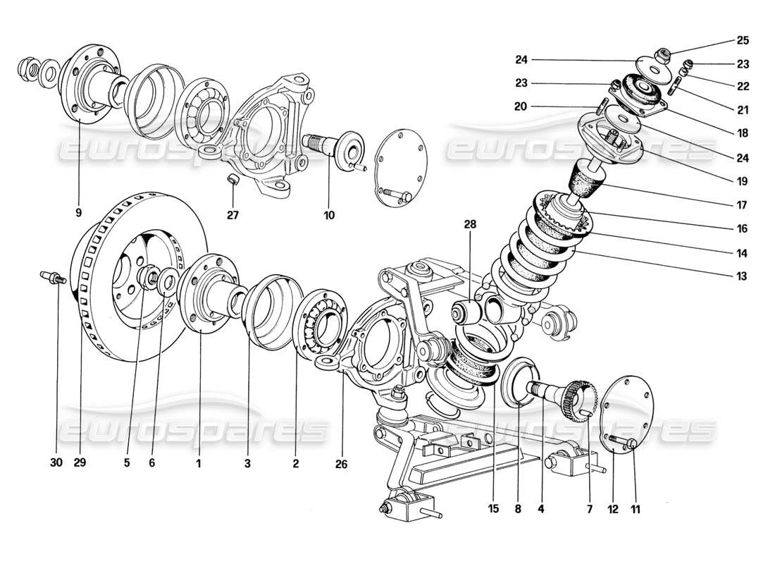ferrari 328 (1988) suspension avant - amortisseur et disque de frein (à partir de la voiture n° 76626) schéma des pièces