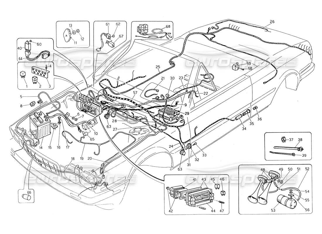 maserati biturbo spider schéma des pièces du faisceau de câblage et des composants électriques (direction droite)