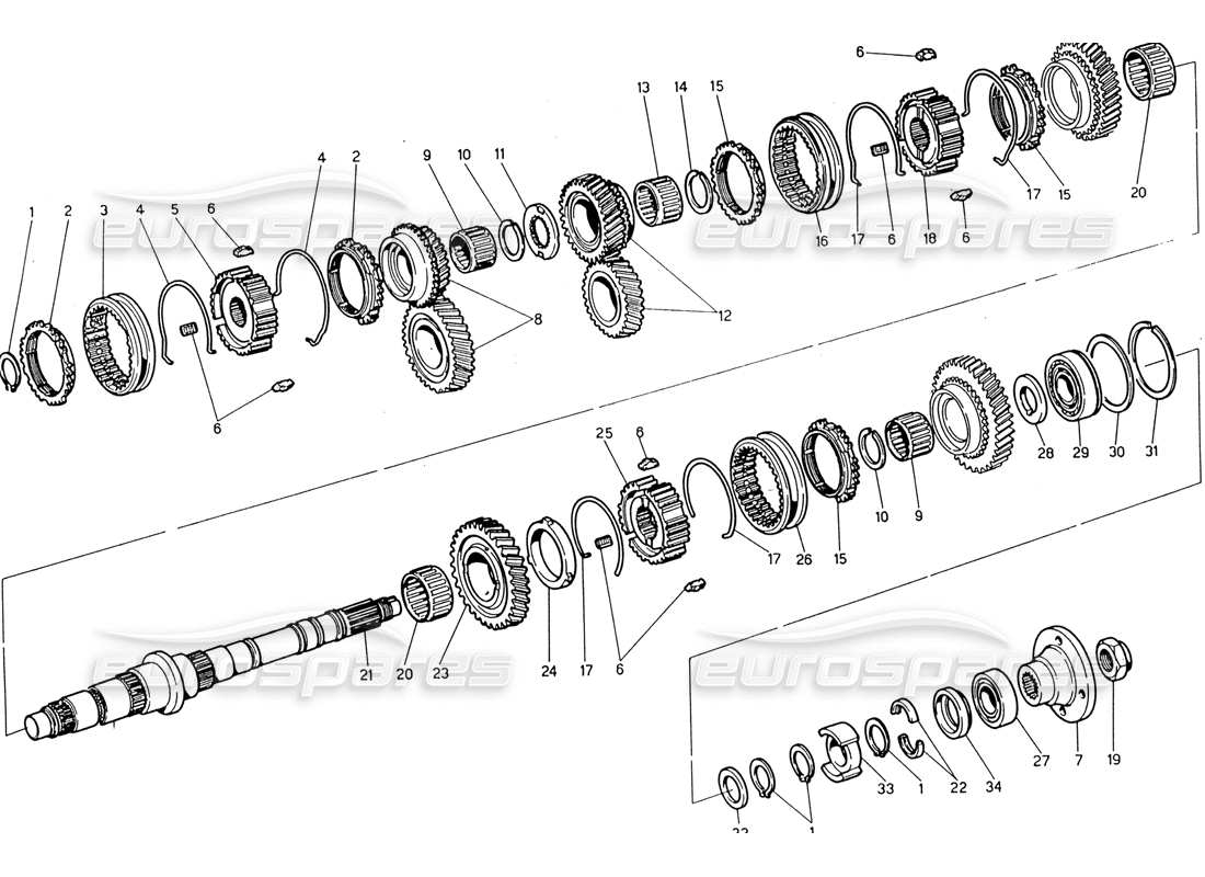 maserati 222 / 222e biturbo transmission - arbre principal schéma des pièces