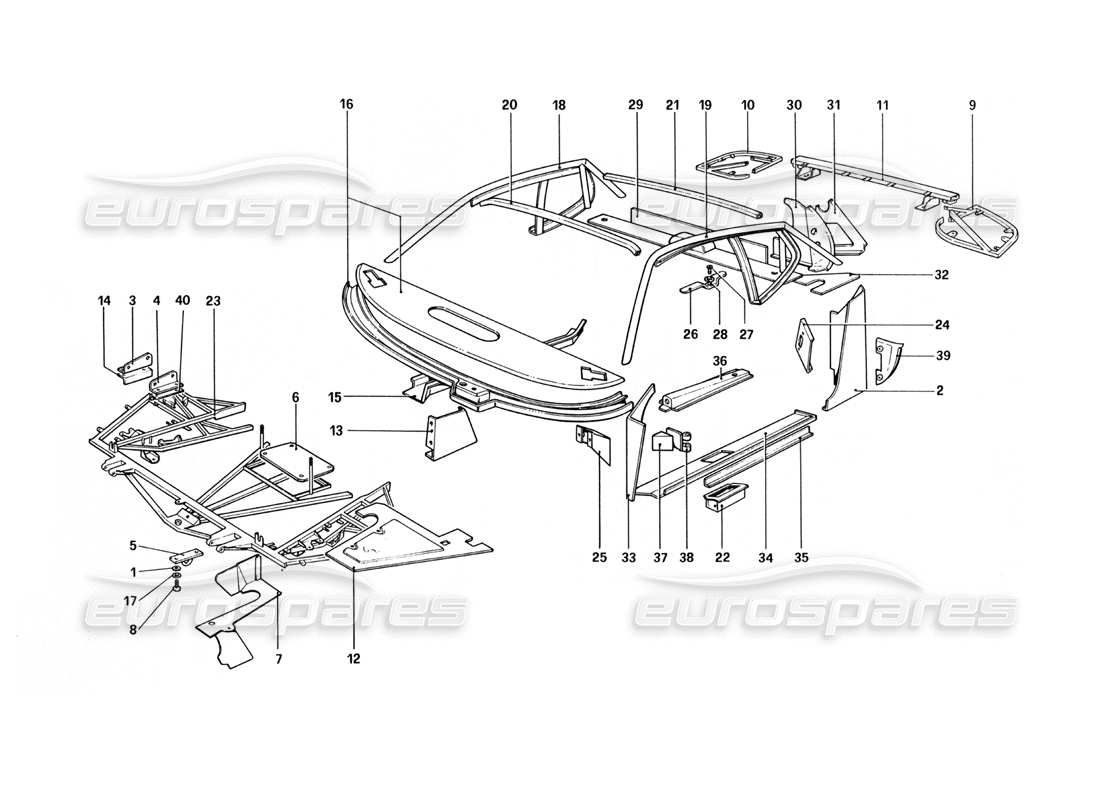 ferrari 512 bbi carrosserie - éléments intérieurs schéma des pièces