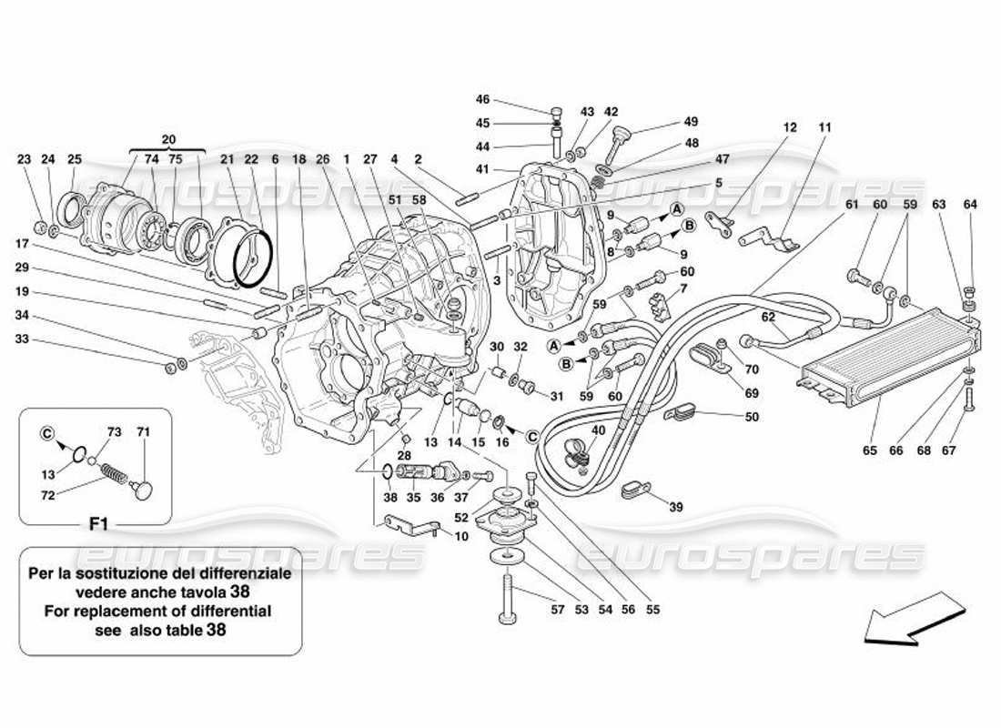 ferrari 575 superamerica schéma des pièces du support de différentiel et du radiateur de refroidissement d'embrayage
