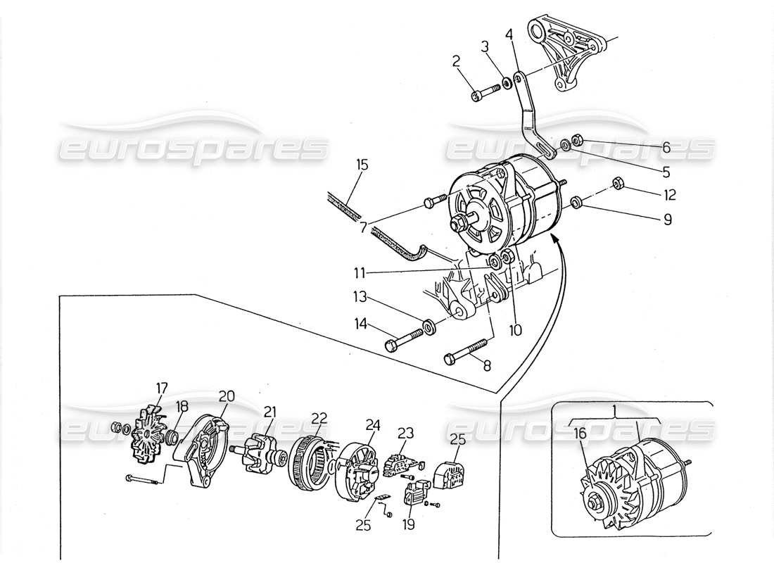 maserati 2.24v schéma des pièces de l'alternateur et du support