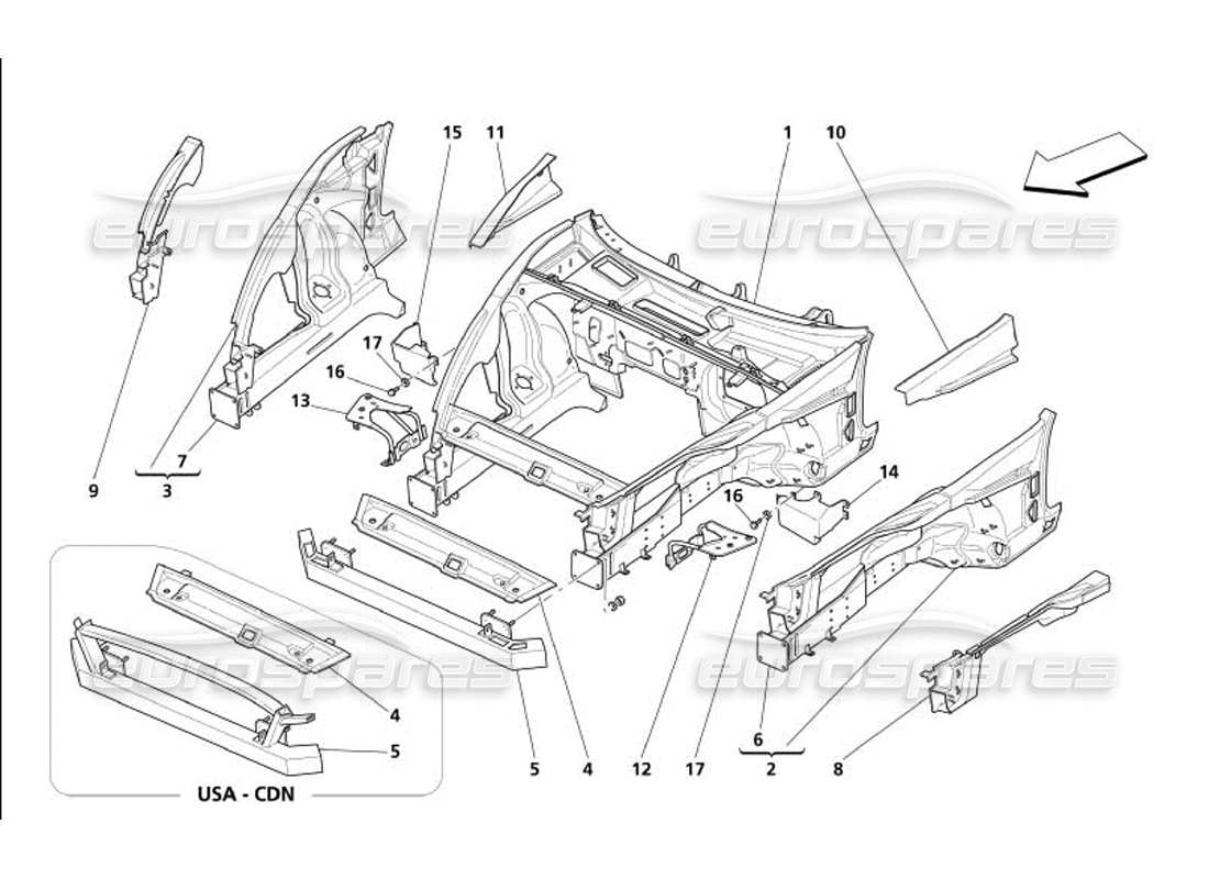 maserati 4200 gransport (2005) diagramme des pièces de la structure avant