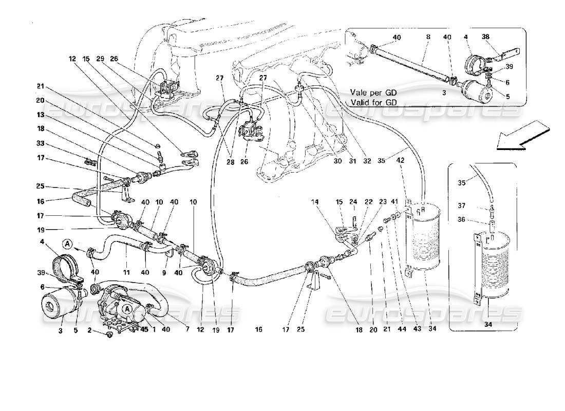 ferrari 512 tr schéma des pièces de la pompe à air secondaire et des conduites