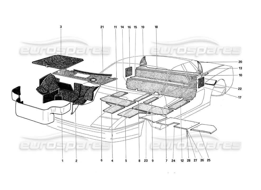 ferrari testarossa (1987) schéma des pièces du tapis et des panneaux isolants du coffre à bagages