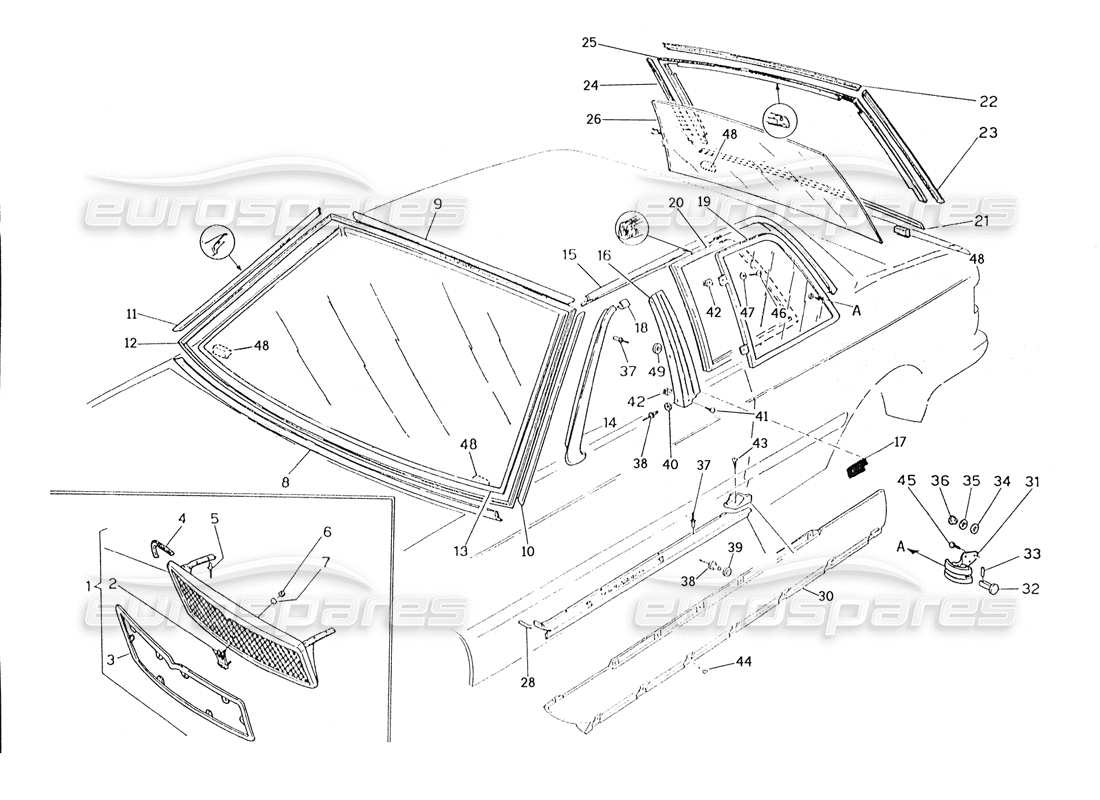 maserati karif 2.8 calandre, finitions-verres fixes schéma des pièces