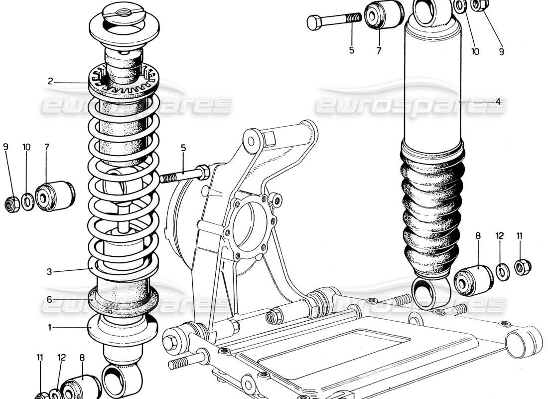 ferrari 365 gt4 2+2 (1973) suspension arrière - schéma des pièces de l'amortisseur et de l'unité d'auto-nivellement