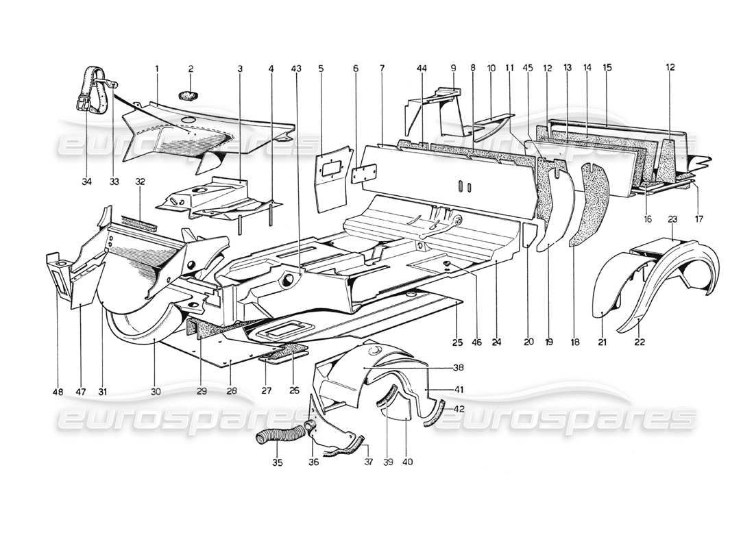 ferrari 208 gt4 dino (1975) coque de carrosserie - diagramme des pièces des éléments intérieurs