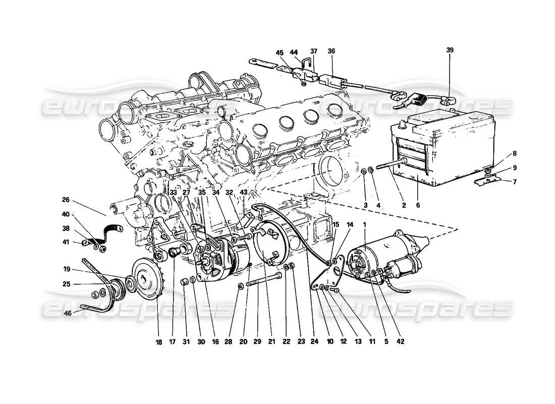 ferrari 308 quattrovalvole (1985) schéma des pièces du système de production électrique (moteur avec courroie unique)
