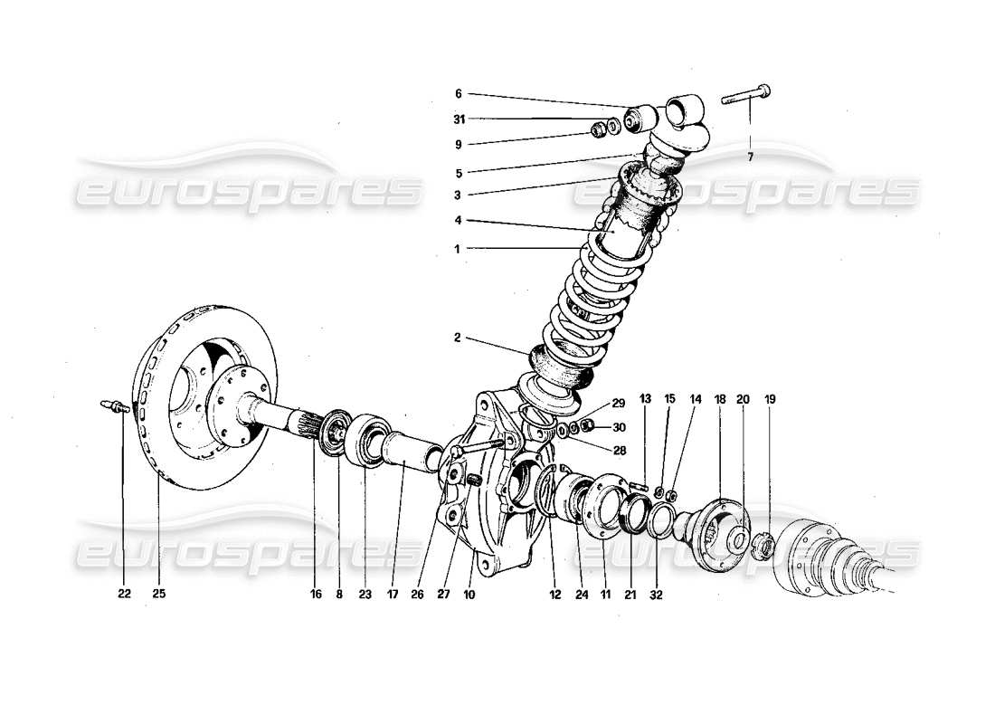 ferrari 308 quattrovalvole (1985) suspension arrière - amortisseur et disque de frein schéma des pièces