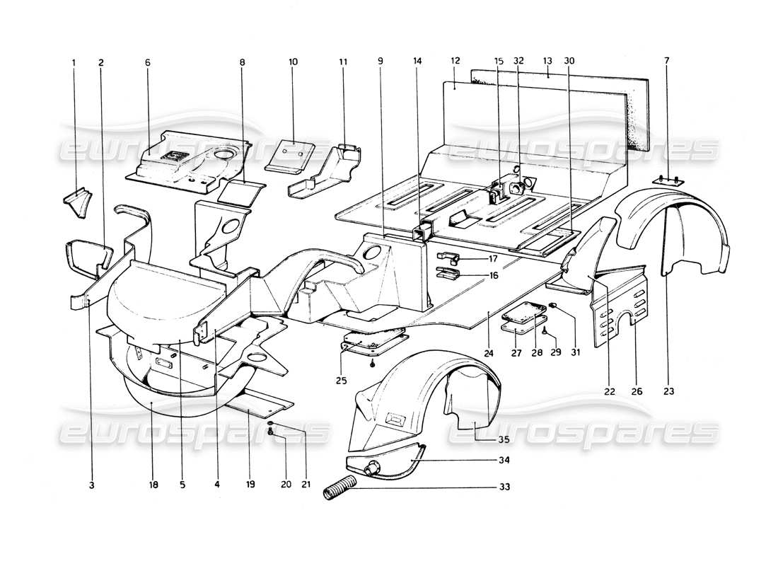 ferrari 512 bb coque de carrosserie - diagramme des pièces des éléments intérieurs