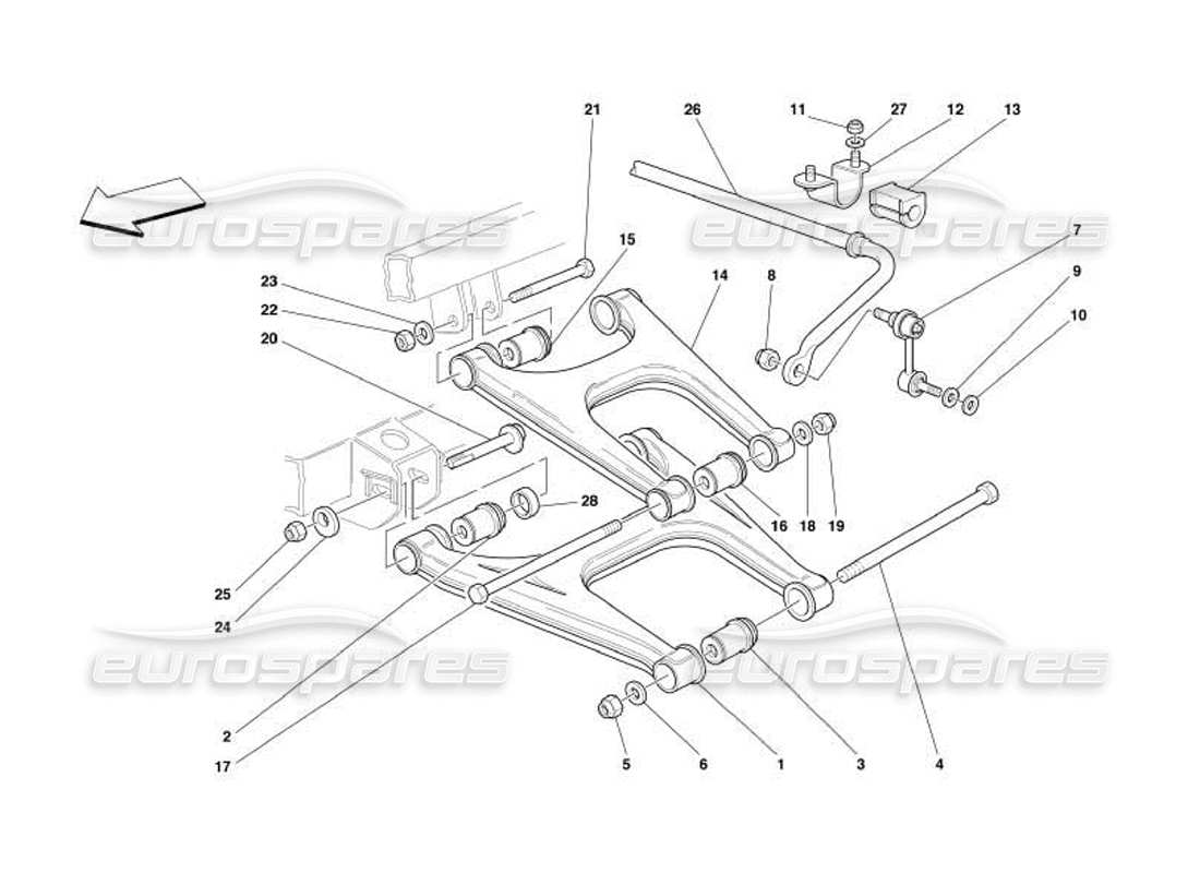 ferrari 550 barchetta suspension arrière - diagramme des pièces des triangles et de la barre stabilisatrice