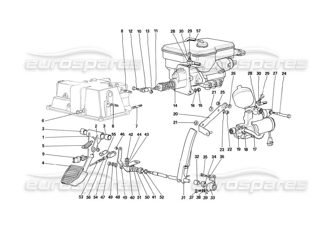 ferrari mondial 3.2 qv (1987) commande d'accélérateur et système hydraulique de freinage (pour voitures avec système antidérapant - variantes pour la version rh d) schéma des pièces