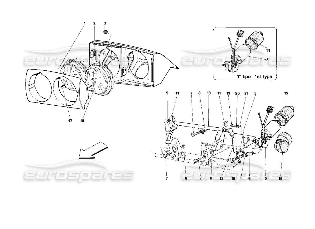 ferrari 512 tr schéma des pièces du dispositif de levage des phares avant