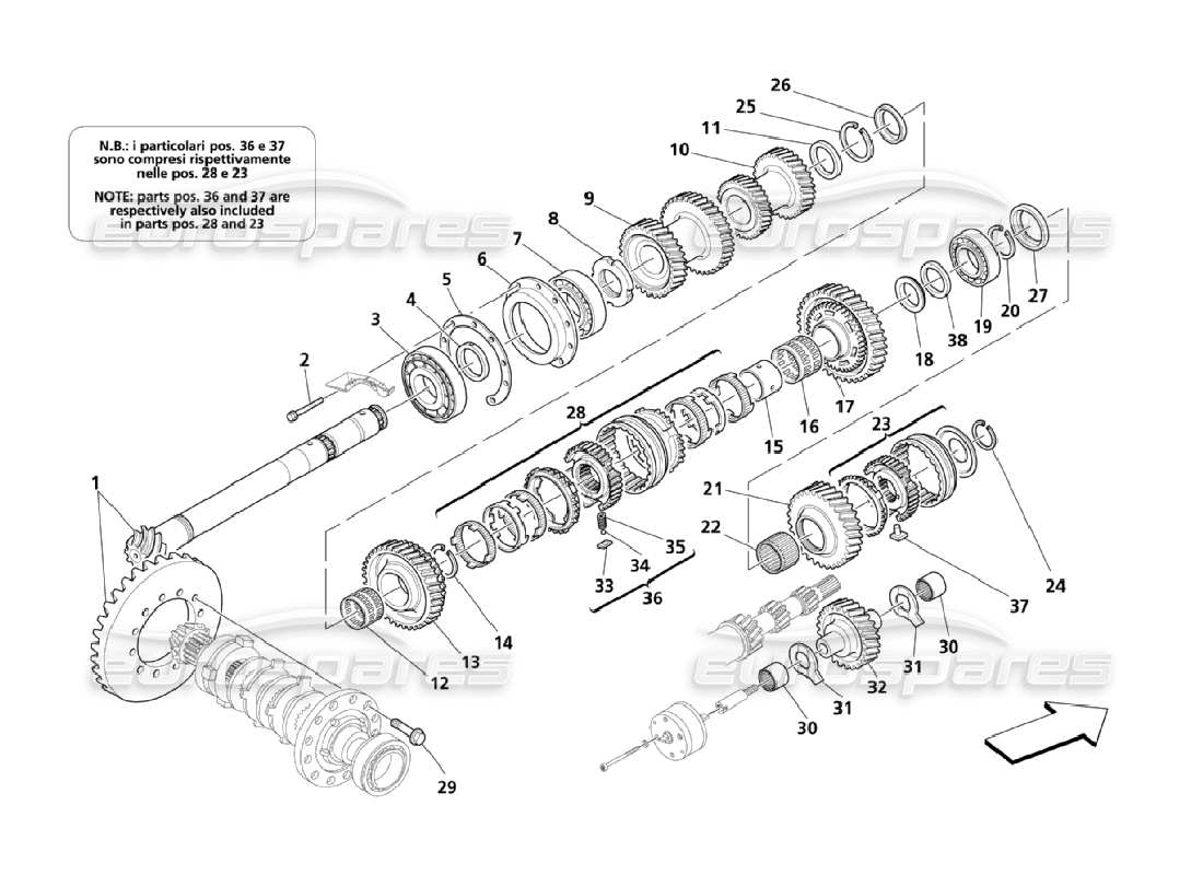 maserati qtp. (2006) 4.2 schéma des pièces des engrenages à arbre posé