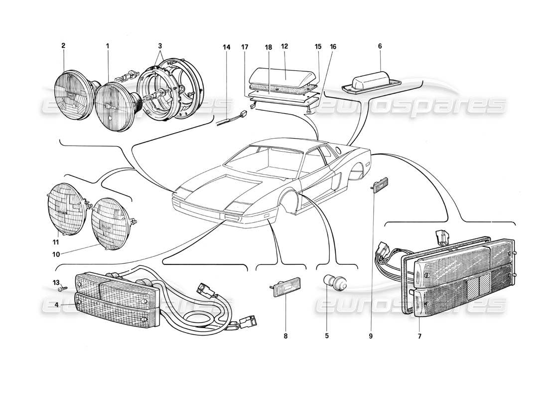 ferrari testarossa (1990) diagramme des pièces des lampes