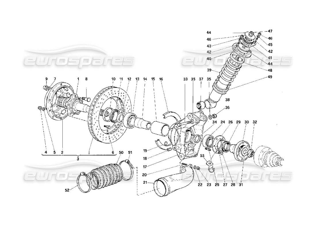 ferrari f40 suspension arrière - amortisseur et disque de frein schéma des pièces