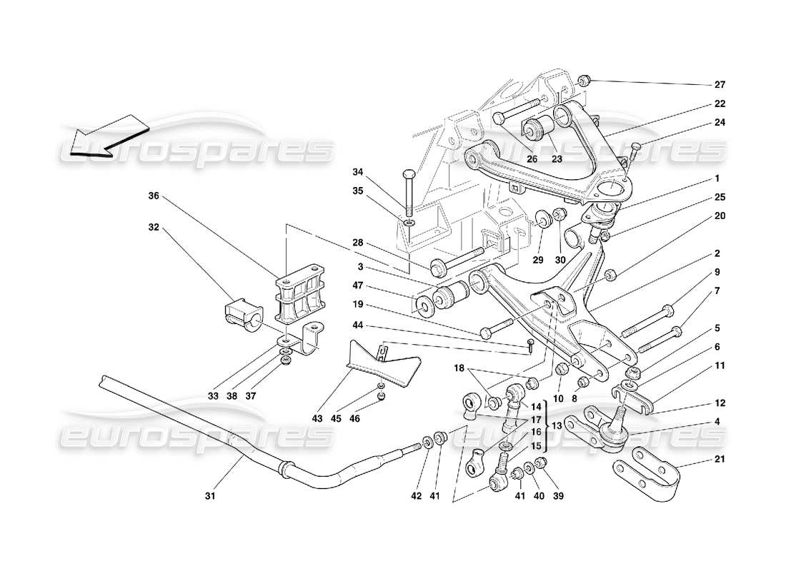 ferrari 456 gt/gta suspension avant - diagramme des pièces des triangles et de la barre stabilisatrice