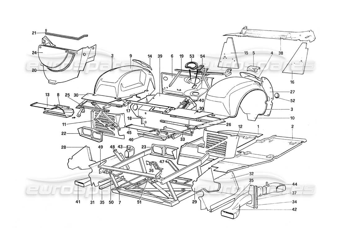 ferrari 288 gto carrosserie - éléments intérieurs schéma des pièces