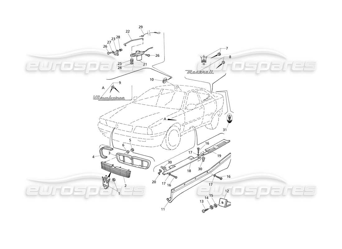 maserati qtp v8 evoluzione finition extérieure - insignes schéma des pièces