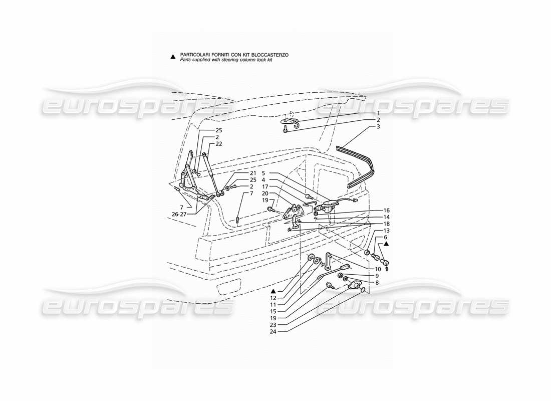 maserati ghibli 2.8 (abs) couvercle de coffre : charnières, schéma des pièces de déverrouillage du couvercle de coffre