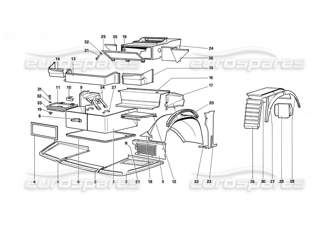 ferrari testarossa (1990) corps - diagramme des pièces des composants internes
