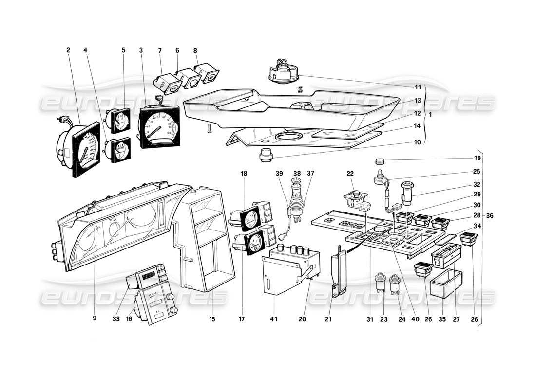 ferrari testarossa (1990) instruments et accessoires de l'habitacle (pas pour la version américaine) schéma des pièces