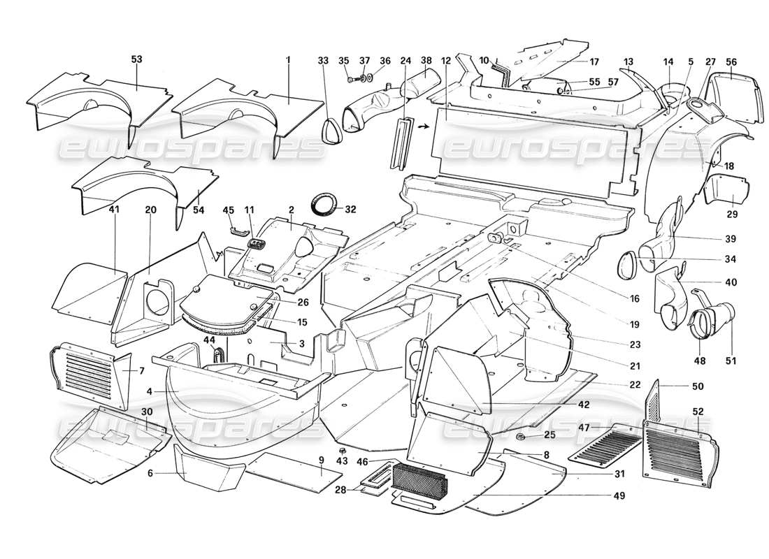 ferrari 328 (1988) coque de carrosserie - diagramme des pièces des éléments intérieurs
