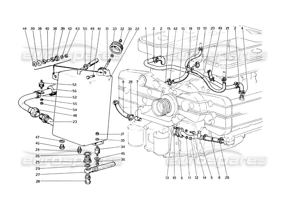 ferrari 512 bb lubrification - blow-by et réservoir d'huile schéma des pièces