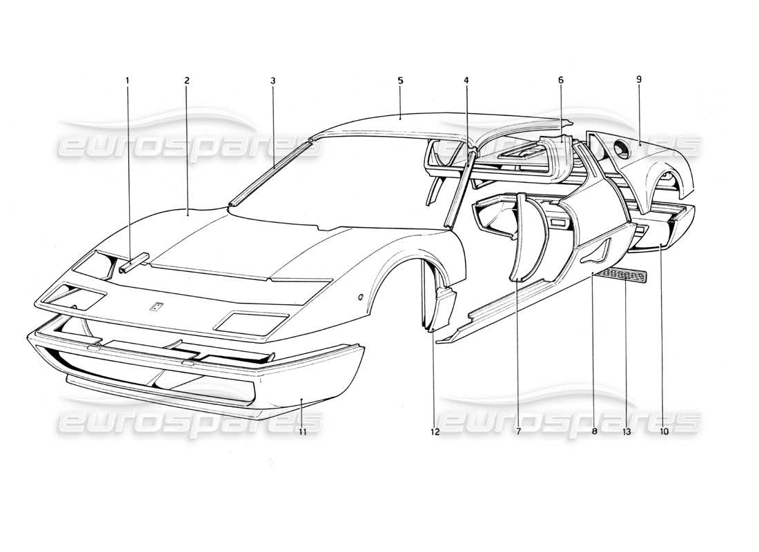 ferrari 512 bb coque de carrosserie - diagramme des pièces des éléments extérieurs