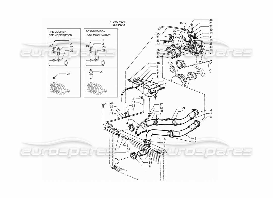 maserati qtp. 3.2 v8 (1999) schéma des pièces des tuyaux de refroidissement du moteur et du thermostat