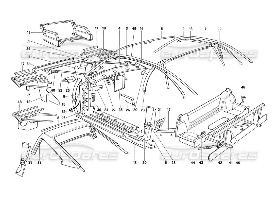 ferrari 328 (1988) coque de carrosserie - éléments intérieurs (pas pour aus - us - sa - j - ch87 - ch88) schéma des pièces