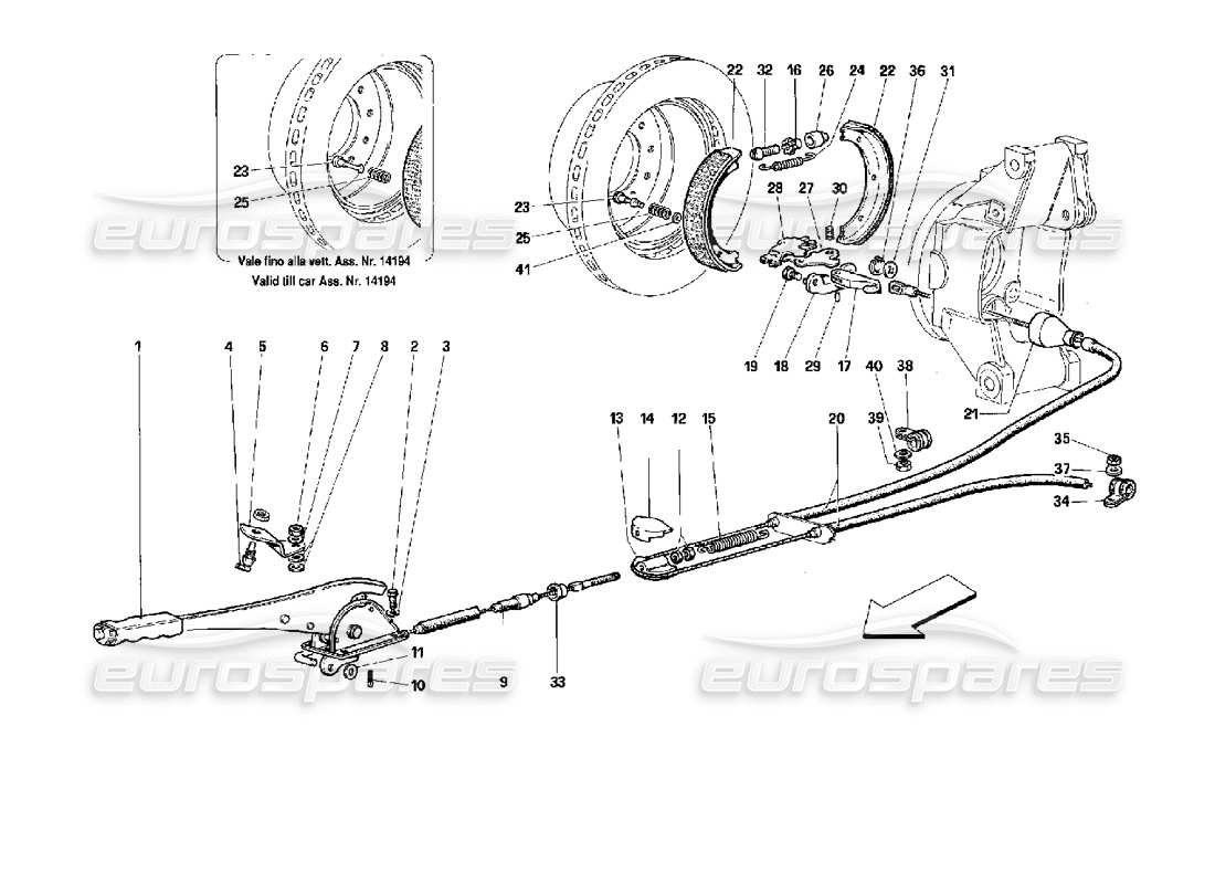 ferrari 512 tr schéma des pièces de commande du frein à main