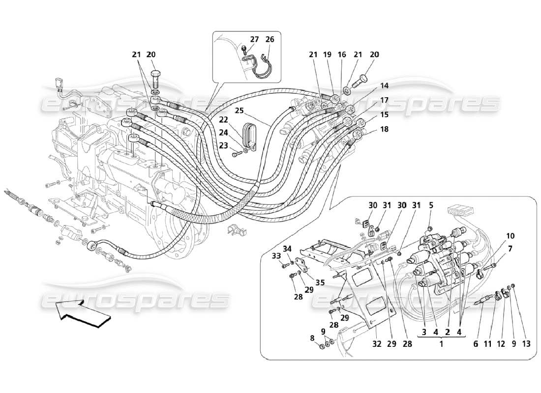maserati qtp. (2006) 4.2 système hydraulique de commande de boîte de vitesses : diagramme de pièces du groupe motopropulseur