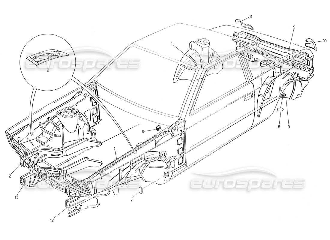 maserati karif 2.8 coque de carrosserie : diagramme de pièces des panneaux intérieurs