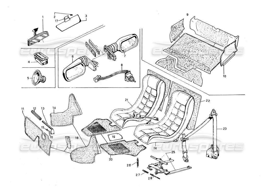 lamborghini countach 5000 qvi (1989) schéma des pièces des sièges, accessoires et garnitures