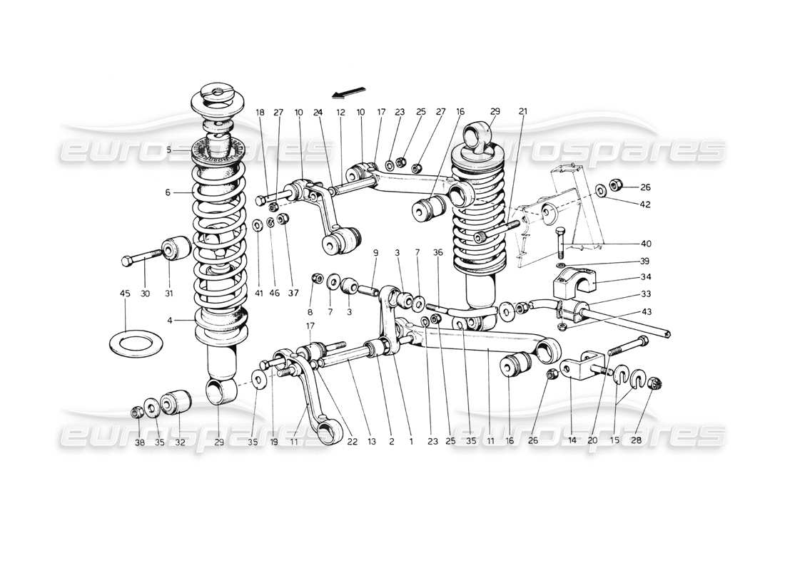 ferrari 512 bb suspension arrière. triangles et amortisseurs schéma des pièces