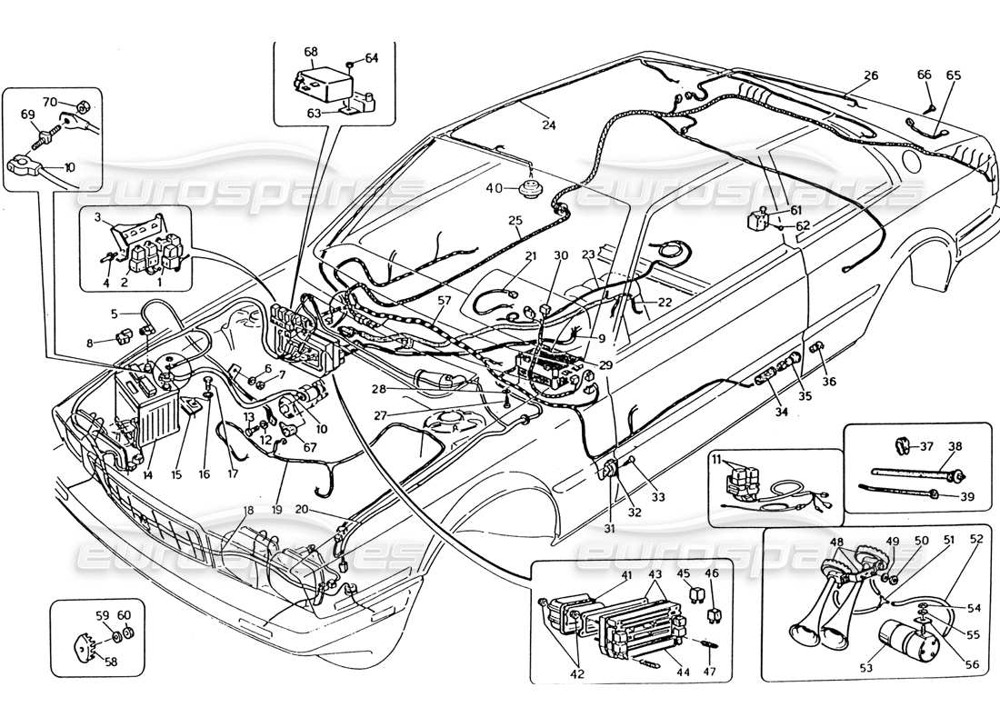 maserati 222 / 222e biturbo schéma des pièces du faisceau de câblage et des composants électriques (direction gauche)