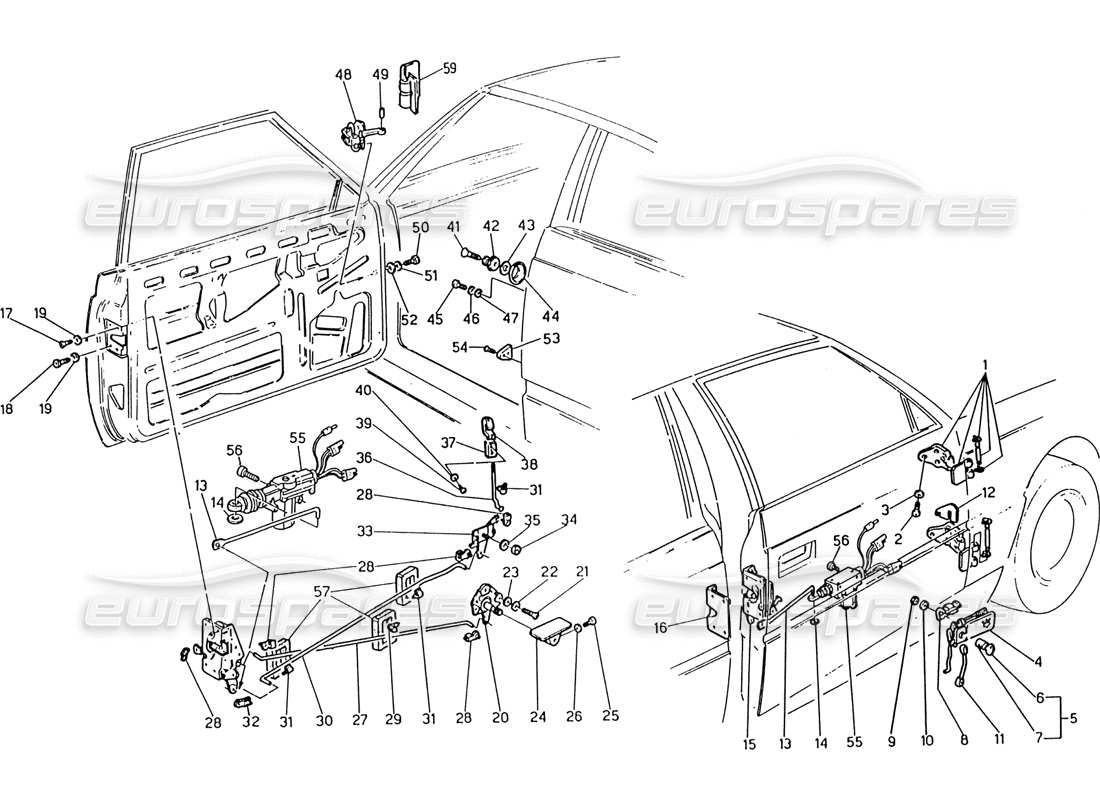 maserati 222 / 222e biturbo portes : charnières et commandes intérieures schéma des pièces