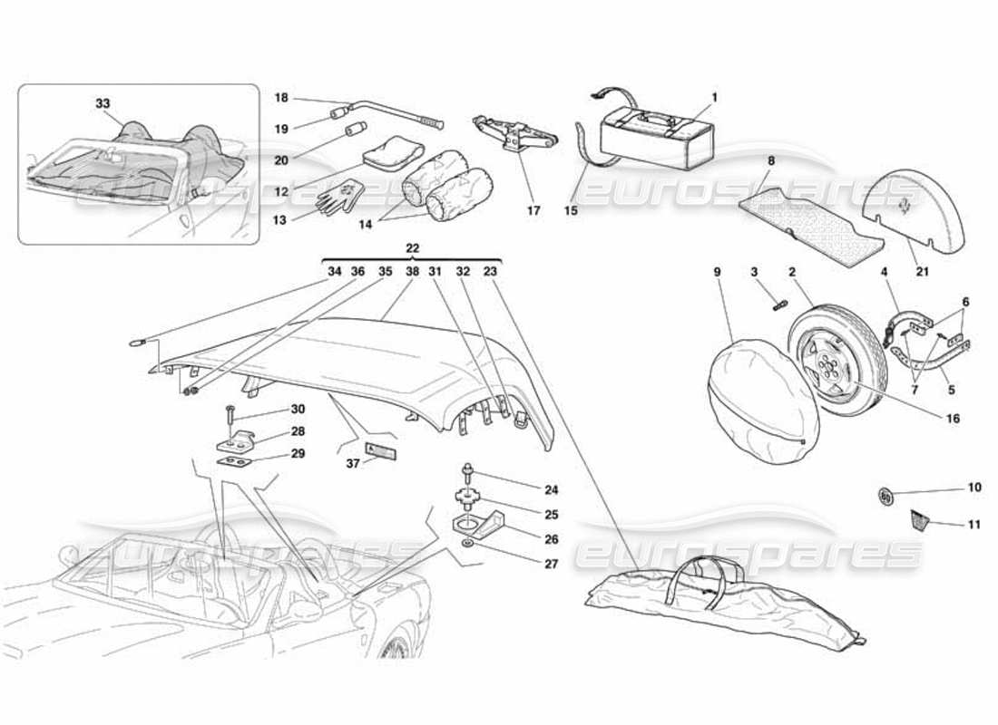 ferrari 550 barchetta capote - roue de secours - sac à outils et accessoires - schéma des pièces