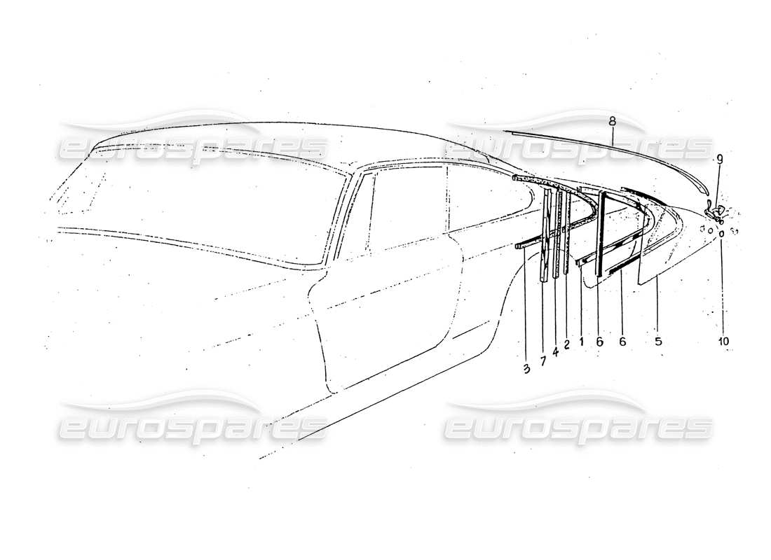 ferrari 330 gt 2+2 (coachwork) vitre de custode arrière - schéma des pièces des garnitures