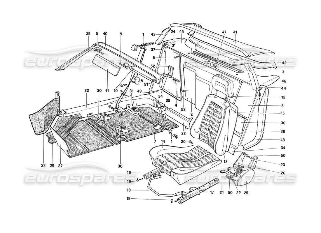 ferrari 288 gto interior trim - accessories and seats part diagram