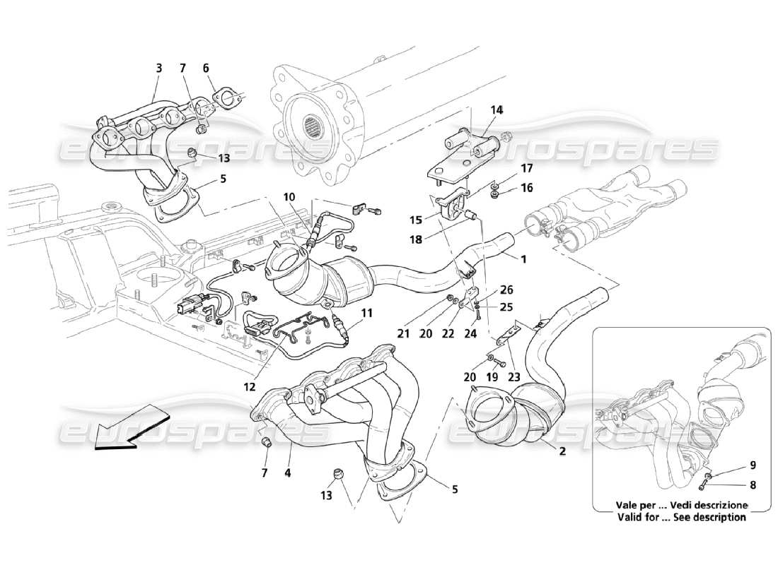 maserati qtp. (2006) 4.2 diagramme des pièces du précatalyseur et du catalyseur
