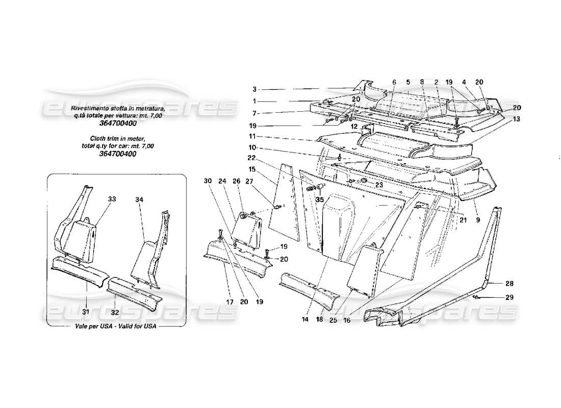 ferrari f40 corps des éléments internes -zone inférieure et centrale- schéma des pièces