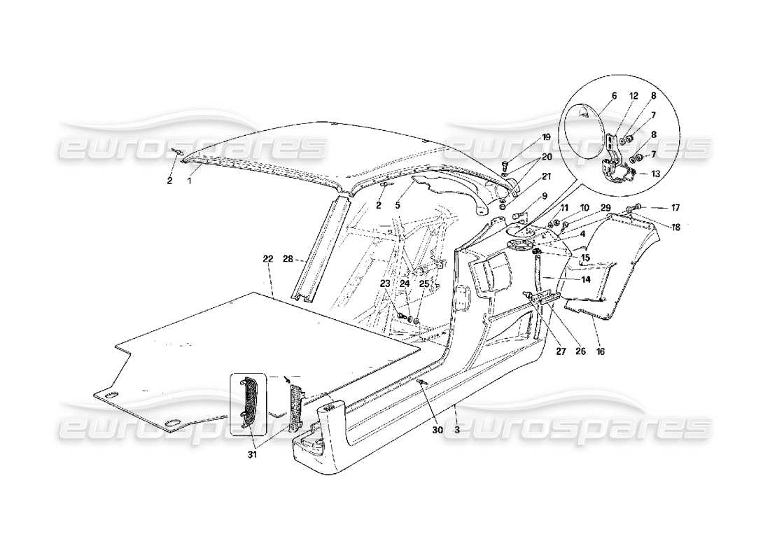 ferrari f40 corps des éléments externes - schéma des pièces de la partie centrale