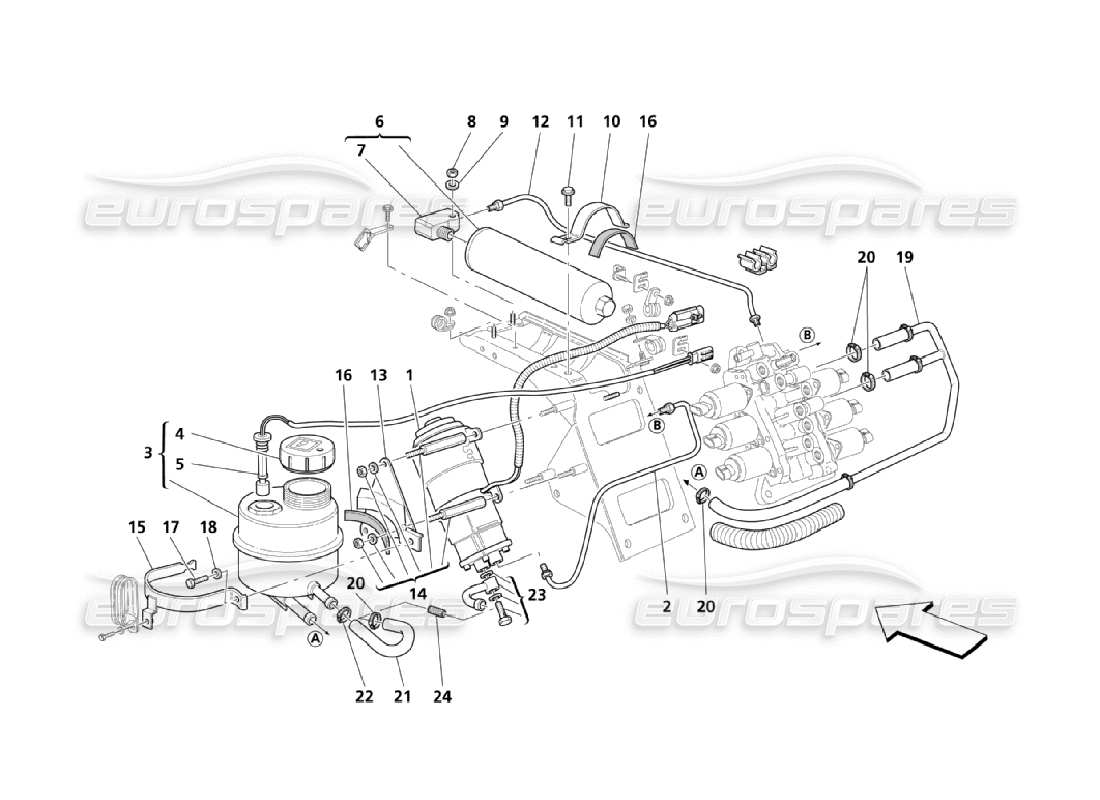 maserati qtp. (2006) 4.2 système hydraulique de commande de boîte de vitesses : diagramme de pièces du réservoir et de la pompe
